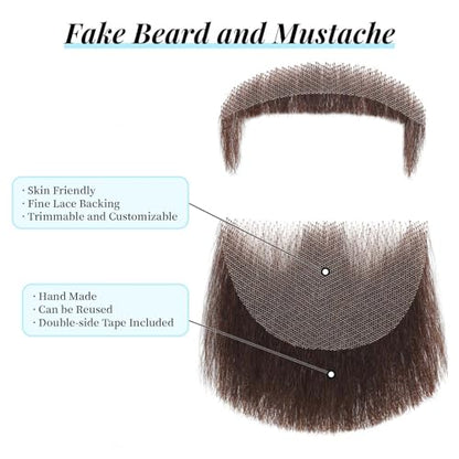 Parceria Fake Mustache Realistic Beard, Human Hair Full Hand Tied Lace Invisible Facial Hair, Natural Looking Fake Beard Goatee for Men's Cosplay, Halloween Costumes (LT Brown Beard) - color: LT Brown Beard