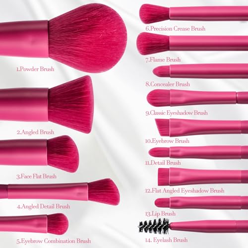 BS-MALL Travel Makeup Brush Set Foundation Powder Concealers Eye Shadows Makeup Set with LED light Mirror 14 Pcs (HotPink) - color: HotPink