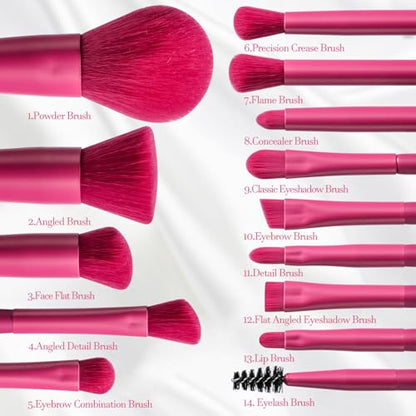 BS-MALL Travel Makeup Brush Set Foundation Powder Concealers Eye Shadows Makeup Set with LED light Mirror 14 Pcs (HotPink) - color: HotPink