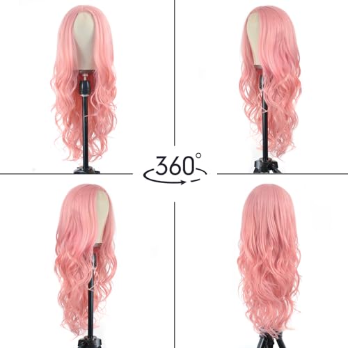 Aida ble Long Pink Wavy Wig for Women 26inch Middle Part Synthetic Wig | Natural Looking Heat Resistant Hair,Suit for Daily Wear,Party,Halloween and Cosplay,Beginner-friendly,Lightweight and soft - color: Pink
