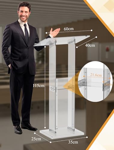 Acrylic Podium Stand with Storage Shelf, 45.5" Modern Clear Lectern with Reading Platform for Classroom, Weddings, Conference, Concert, Professional Presentation Podiums - color: White