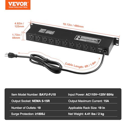 VEVOR 10 Outlet Horizontal 1U Rack Mount PDU Power Strip for Network Server Racks, 10 Individual Led Switches Surge Protection & Overload Protection, 110-125V/15A, with 6ft 14AWG Power Cord - style: 10 Outlet-Individual Switches
