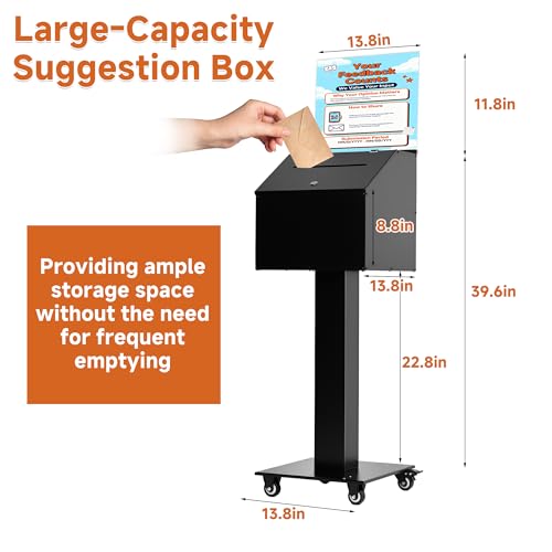 lesolar Suggestion Box with Stand, Floor Standing Offering Box with Wheels | Heavy Duty Metal Ballot Collection Box, Donation Box with Sign Holder, Ballot Box with Slot & Lock for Voting Charity Church