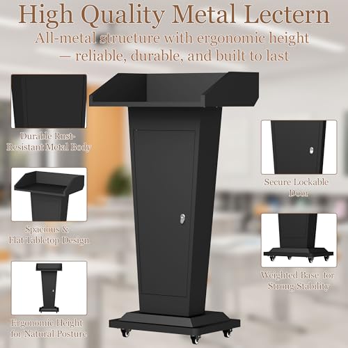 Podium Stand with 4 Locking Wheels, Heavy-Duty Metal Lectern for Church, School, Office, and Conference, Large Lockable Storage Cabinet, 43.7" H, Black - color: Modern Tapered Alloy - Black