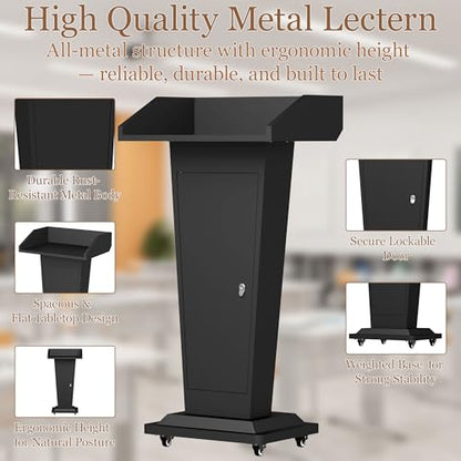 Podium Stand with 4 Locking Wheels, Heavy-Duty Metal Lectern for Church, School, Office, and Conference, Large Lockable Storage Cabinet, 43.7" H, Black - color: Modern Tapered Alloy - Black