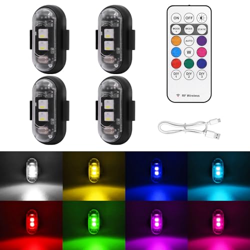 4PCS Wireless LED Strobe Lights with Remote Control, 8 Colors USB Charging Waterproof Anti-Collision Led Emergency Warning Lights for Car Motorcycle Drone Aircraft Bike