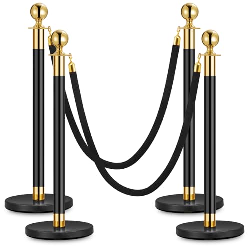 4Pack Stanchions and 5FT Black Velvet Ropes, Crowd Control Barrier, Black Stanchions Queue Barrier Line Divider with Fillable Plastic Base Used for Theaters Clubs Hotels Museums Exhibition - color: 4 post | 2 rope