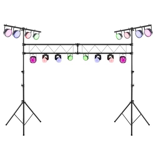 Goplus DJ Light Stand, 14FT Lighting Truss System with 32 Lights Hold 220LBS Capacity, 11-Level Adjustable Heights, T-Bar, Metal Stage Lighting Stand for Portable Audio Stage, Bar, Party, Bands