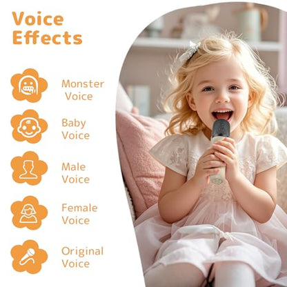 Karaoke Machine for Kids Adults, Mini Karaoke Machine with 2 Wireless Microphones, Portable Bluetooth Speaker with Voice Changing Effects & LED Lights, Best Gifts Toys for Girls and Boys - color: Beige
