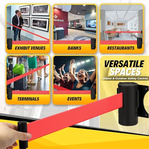 Flexzion Crowd Control Retractable Belt Barrier - 10Ft 3m Wall Mounted Safety Barrier Belt, Queue Line Dividers with Nylon Rope Belt & Sturdy Steel Red Case for Indoor/Outdoor Use - size: 1 Pack