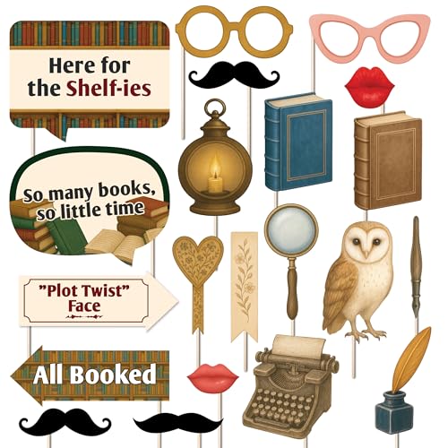 Book Club Photo Booth Props & Literary Party Decorations, Fun Supplies for Reading Groups - 20pcs