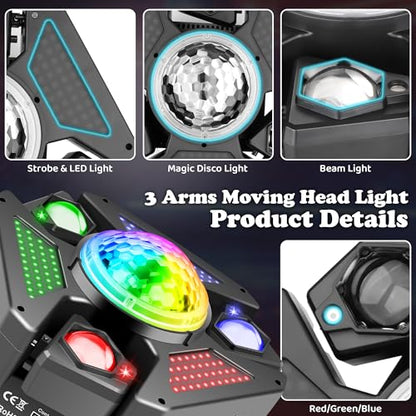 Moving Head DJ Lights with RGB Starlight, Rotating Magic Disco Ball & LED Matrix, 540°/180° DMX512 Stage Lighting, Sound Activated with Remote for Party Wedding KTV Bar Club