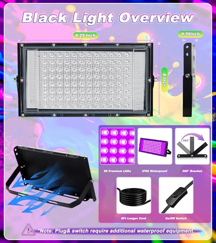 TigQiang 100W 2 Pack Black Light, Glow Party Supplies, Blacklight Halloween | IP66 Waterproof, Blacklights Flood Light for Neon Parties, Body Paint, Birthday, Fluorescent Poster, 6Ft Cord & Plug & Switch - size: 100W-2Pack