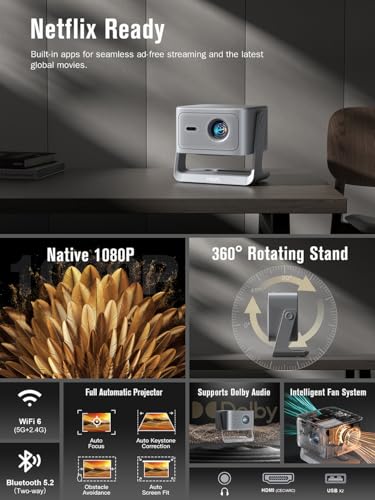 【Now with Netflix】Smart 4K Projector with WiFi and Bluetooth, VISSPL 3D Dolby Audio and Auto Focus Portable Outdoor Projector, Movie Home Theater Projectors TV Lamp Bulb for Bedroom/Ceiling