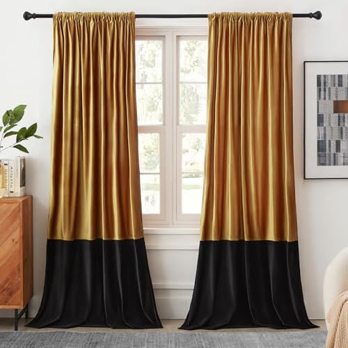 BULBUL Luxury Gold Black Velvet Blackout Curtains 84 inches for Living Room - color: Gold & Black, size: 52"W x 84"L (Pack of 2)