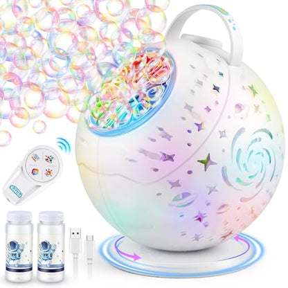 Bubble Machine with Remote Control, 360° Automatic Rotation & 7 RGB Lights Rechargeable Bubbles Machine for Kids Boys Girls, Portable Bubble Machine for Parties Wedding Birthday Outdoor