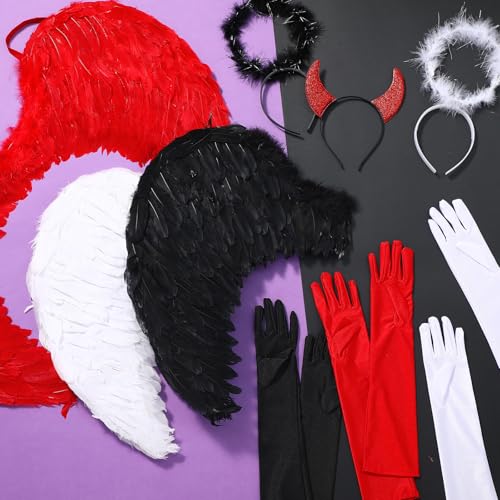 Chuangdi 9 Pcs Angel Wings Costume Set with Headband Gloves Horns Women | White Fairy Black Angel Red Devildom Halloween Costume Wing Headband Satin Gloves Red Horns for Halloween Cosplay Accessories