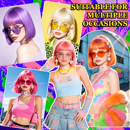 Short Bob Straight Hair Wigs with Bangs, Synthetic Fiber Colorful Hair, Heart-shaped Sunglasses for Women (Yellow) - color: Yellow