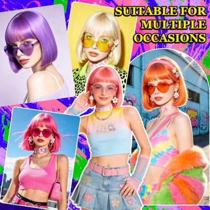 Short Bob Straight Hair Wigs with Bangs, Synthetic Fiber Colorful Hair, Heart-shaped Sunglasses for Women (Yellow) - color: Yellow