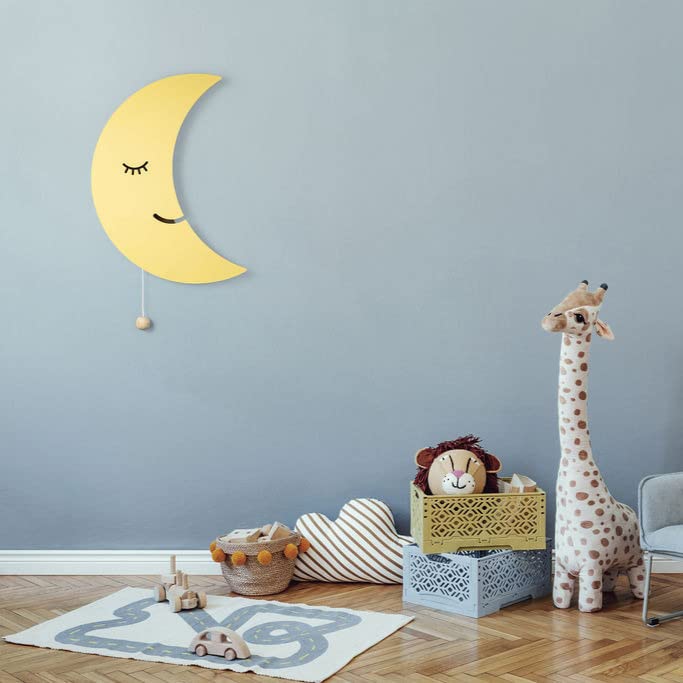 LumiDreams Moon Wall Night Light, Crescent Nursery Lamp for Kids Room | 17.7" x 11.5" | Hand-Painted Wooded Moon Light | Battery Operated | Pull Cord Switch | Wall Mounted Nursery decor
