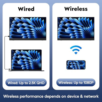 17.3" 2.5K Wireless Portable Monitor with Built‑in 8000mAh Battery 4H, AirPlay & Miracast, 2560x1400 IPS Matte HDR, 125% sRGB, 500 Nits, VESA, Auto Rotation for Phone/Tablet, USB‑C & Mini HDMI - size: 17.3