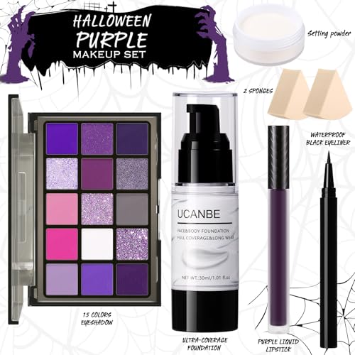 UCANBE Halloween Makeup Kit – 15-Color Purple Eyeshadow Palette, White Liquid Foundation, Purple Liquid Lipstick, Black Eyeliner, Setting Powder & Sponges Makeup Set for Cosplay Witch Devil Sorceress - color: Purple Makeup Kit