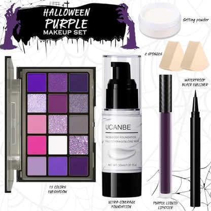 UCANBE Halloween Makeup Kit – 15-Color Purple Eyeshadow Palette, White Liquid Foundation, Purple Liquid Lipstick, Black Eyeliner, Setting Powder & Sponges Makeup Set for Cosplay Witch Devil Sorceress - color: Purple Makeup Kit