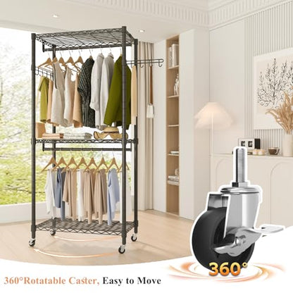 Heavy Duty Rolling Wheels Portable Metal Garment Rack, | 3 Tiers Wire Shelves Adjustable Freestanding Clothing Rack with Lockable Wheels, 47.2''L x 15.8''W x 78.8''H, Max Load 650LBS - color: Black, size: A2W: 3 Tiers with 2 Rods,47''L x 16''W x 79''H