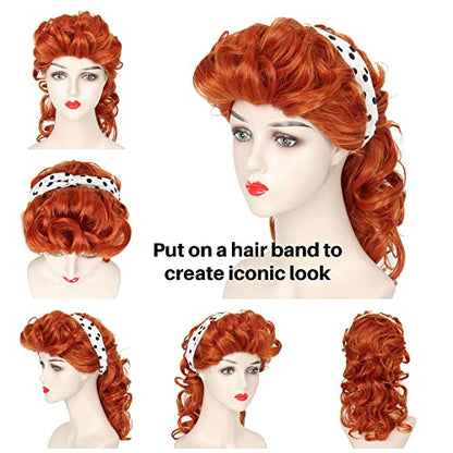 Miss U Hair Long Curly Ginger Red Wig Copper Red 50's Housewife Wig for Women Adult Halloween Costume - color: Orange