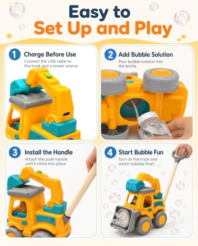 Excavator Automatic Bubble Machine for Kid Toy 3 4 5 6 7 8 Year Old Little Boy Girl Gift Lawn Mower Maker Blower Summer Outdoor Push Toys Easter Christmas Birthday Present