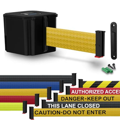 Wall Mounted Black Retracta-Belt 15' Yellow Belt Barrier | WM412 Series, Retractable Belt Wall Mounted Crowd Control Barrier with Receiving End - color: Black Case w/ Yellow Belt, size: 15' Belt