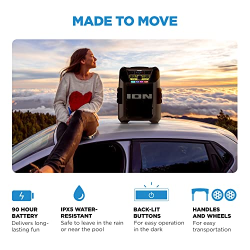 ION Block Rocker XL 220W Bluetooth Outdoor Speaker with Wheels | Water Resistant, Radio, Karaoke Mic, USB Charging, Stereo Linking, Bass Boost and App Control, for Parties and Outdoor Events - style: 220W water-resistant