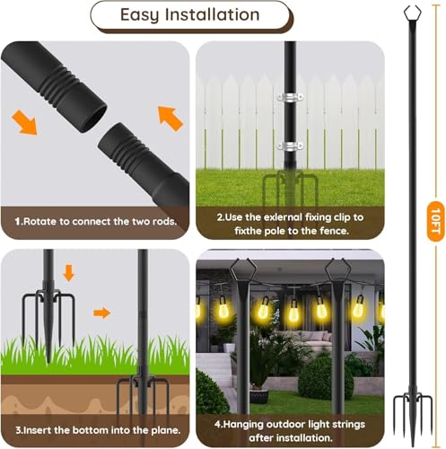 AILBTON 10Ft String Light Poles 6 Pack,Light Poles for Outside Lights,Outdoor with Fence Brackets Hanging Lights,Metal Stand Deck Patio Backyard - size: 10 feet