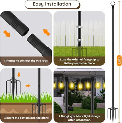 AILBTON 10Ft String Light Poles 6 Pack,Light Poles for Outside Lights,Outdoor with Fence Brackets Hanging Lights,Metal Stand Deck Patio Backyard - size: 10 feet