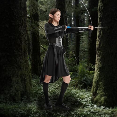 HODBLKT 7PCS Women Renaissance Fairy Costume Medieval Elf Dress Halloween - color: Black, size: Medium