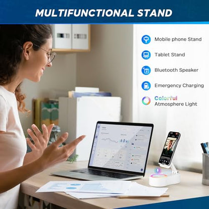 Cell Phone Stand with Bluetooth Speaker - Wireless Bluetooth Speaker with 360° Rotatable Phone Holder, Multifunctional Adjustable Stand with Charging Compatible with Tablet for Home Desk (White) - color: White