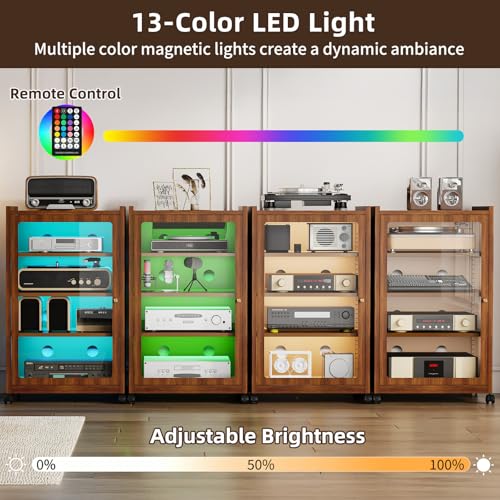 Media Cabinet with LED Lights and Glass Door, Metal Stereo Cabinet Brown - color: Brown (Wood Grain)