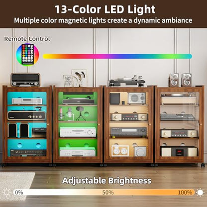 Media Cabinet with LED Lights and Glass Door, Metal Stereo Cabinet Brown - color: Brown (Wood Grain)