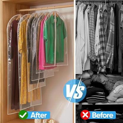 60” All Clear Garment Bags for Travel - PEVA Waterproof Suit Cover with Zipper for Hanging Clothes, long Gowns - Durable Dresser for Closet Storage, Dustproof & Moisture Resistant - 60”/12 Pack - size: 60" -12 Pack