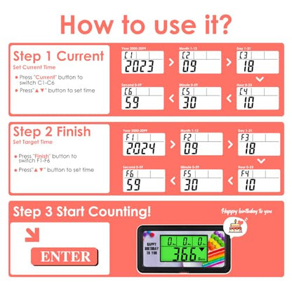 9999-Day Countdown Clock with 10 Cards for Wedding and Vacation | Shows total days, hours, minutes and seconds; 10 swappable paper themes, magnetic frame, 12/24-hour clock, 1-minute alert - color: Black Case, Green Light