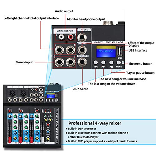 Depusheng HT4 Bluetooth Compatible Professional Portable Digital DJ Console w/USB 4 Channel Mixer Audio Interface-Mixing Boards For Studio Recording, Black - size: 4-Channel Mixer