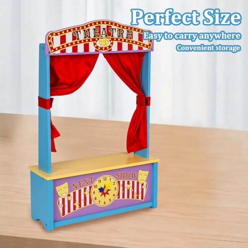 WodGod Wooden Puppet Theater, Puppet Theater with Curtains for Tabletop Drama Performance, Role-Playing,Great for Shows, Events and Pretend Play, Portable