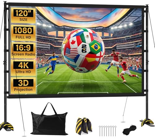 Outdoor Projector Screen with Stand 120 Inch, 16:9 Portable 4K HD Indoor Movie Screen, Large Double-Sided Washable Screen with Carry Bag, Sandbags for Backyard, Camping, Home Theater - size: 120 in
