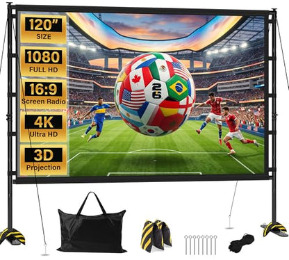 Outdoor Projector Screen with Stand 120 Inch, 16:9 Portable 4K HD Indoor Movie Screen, Large Double-Sided Washable Screen with Carry Bag, Sandbags for Backyard, Camping, Home Theater - size: 120 in