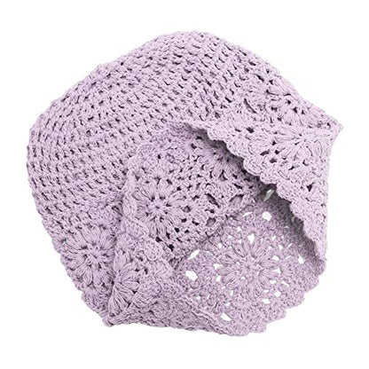ZLYC Women Cotton Crochet Slouchy Beanie Hat Handmade Knit Summer Skull Cap | Lightweight breathable,boho casual chic look,travel photos festival party,café commute daily wear,beach concert gathering - color: Solid Purple