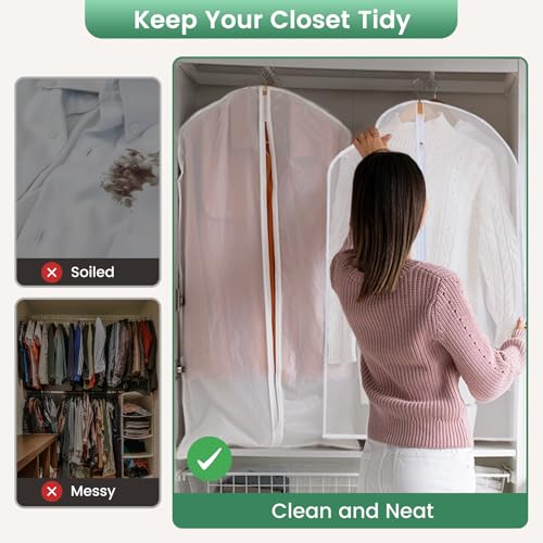 Carbrea 6 Pack Translucent Garment Bags for Hanging Clohes - 24" x 42" | Thick PEVA Materials, Smooth Zipper, with Zipper Protection, Breathable, Washable, Reusable, for Closet Storage, Travel Use - size: 42 inch