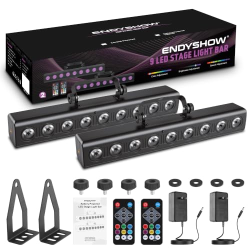 Battery Powered Stage Light Bar,2Pack 9LED RGBW 4IN1 Rechargeable Stage Wash Lights Bar Built-in 5200mAh Battery Remote Control Sound Activated DMX512 Uplights for DJ Party Stage Wedding Club