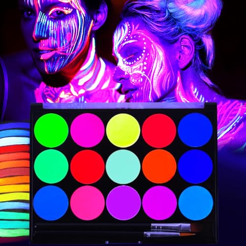Glow UV Blacklight Face Paint,Neon Fluorescent Body Painting Palette,Water Activated Makeup Eyeliner,Water Based Glow In The Dark Party Halloween Washable for Adult Body Paint Set (15 color) - color: 15 color