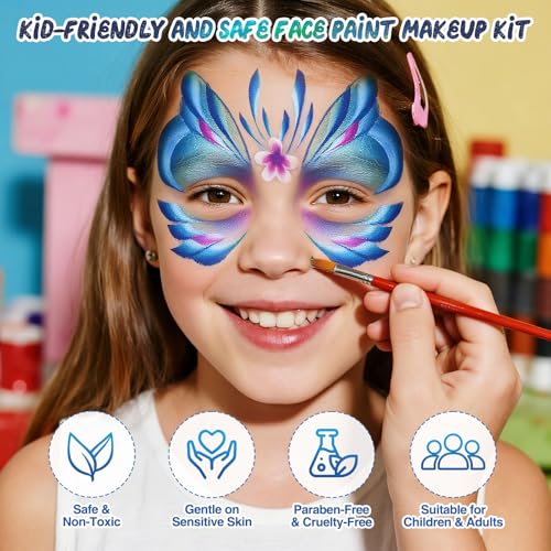 42 Color Face Painting Kit for Party – Non-Toxic Water-Activated Face & Body Paint Palette with Stencils, Brushes & Gems, Long-Lasting, Easy Wash, Ideal for Carnival, Halloween, Cosplay & Festivals