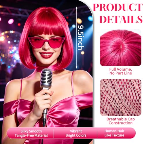 Short Bob Straight Hair Wigs with Bangs, Synthetic Fiber Colorful Hair, Cat Eye Glasses for Women (Hot Pink) - color: Hot Pink